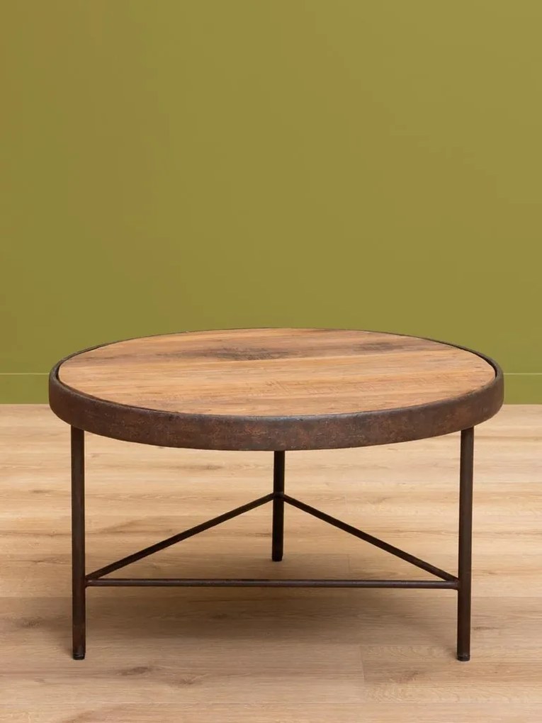 Măsuță de cafea din lemn de mango și alamă antichizată, rotundă, natur, finisaj patinat, 71×41 cm, „Rusta"