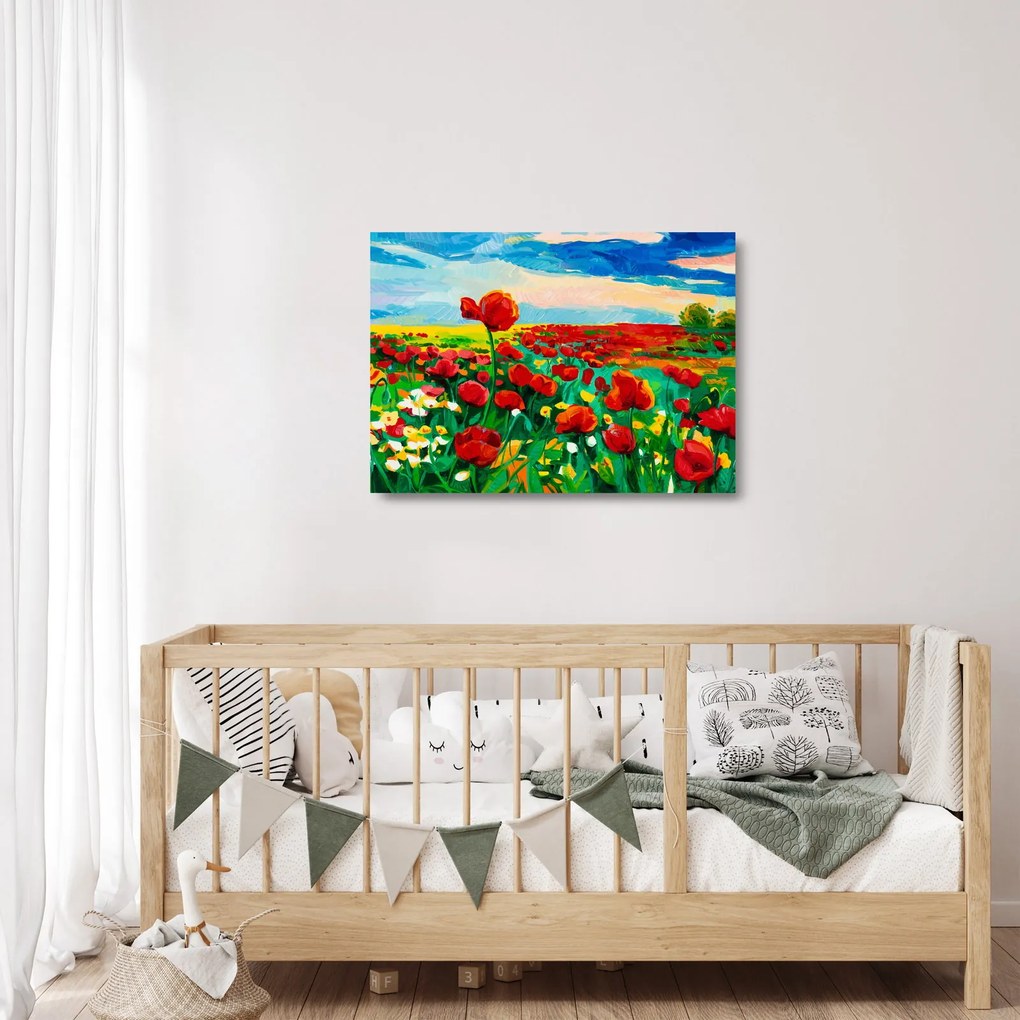 Tablou pe sticlă - Câmp cu maci (70x50 cm)