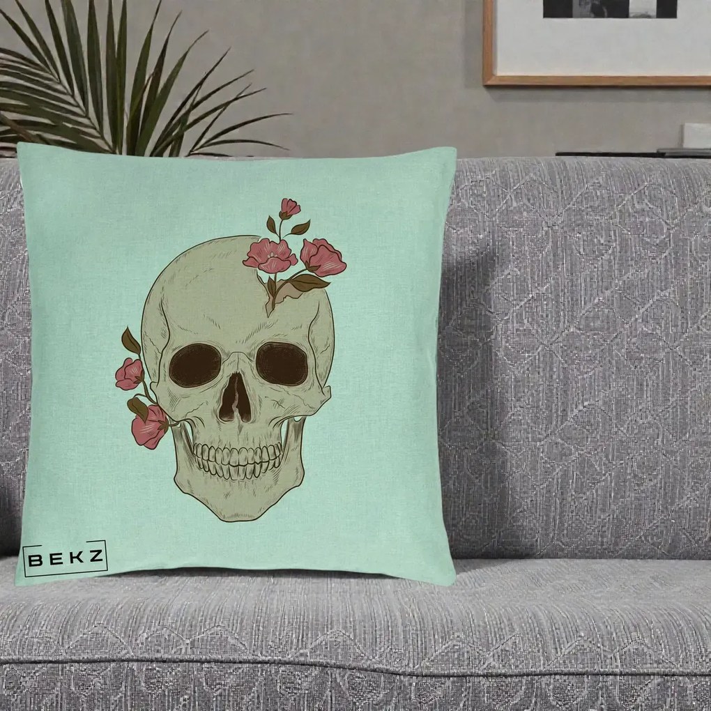 Perna Decorativa Craniu Floral Gothic, 40x40 cm, Verde Menta, Husa Detasabila, Perna Inclusa, BEKZ®