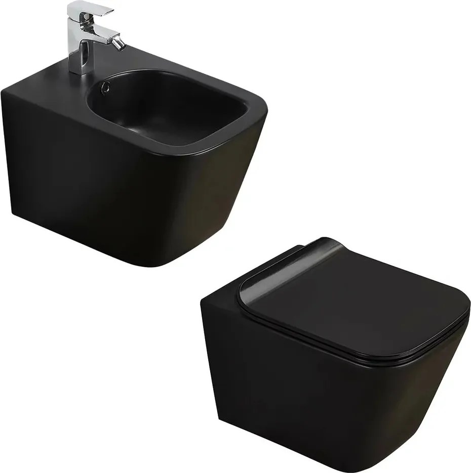 Pachet vas wc negru mat, capac slim softclose si bideu suspendat negru mat Rune Jord