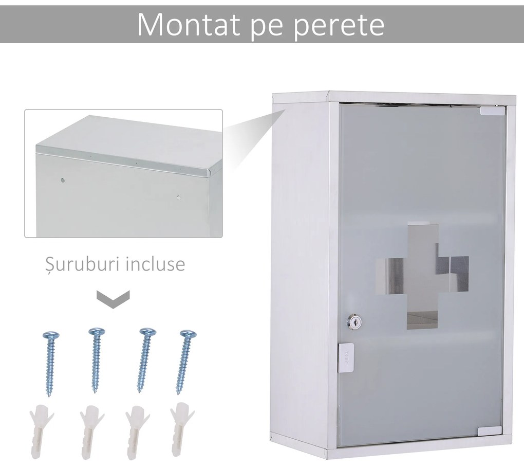 HOMCOM Dulap Medicamente din Oțel Inoxidabil 50x30x18 cm, Casetă Prim Ajutor cu Încuietoare &amp; 2 Chei | Aosom Romania