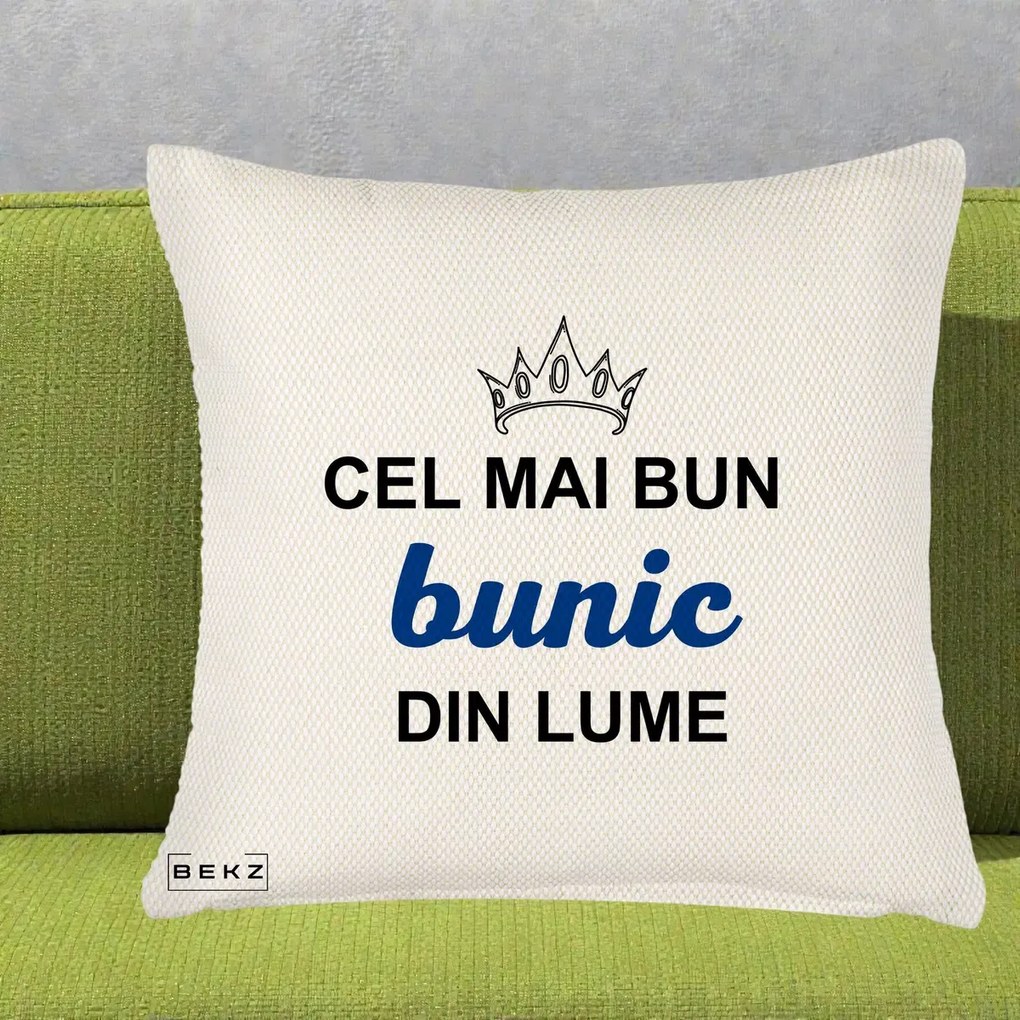 Cadou pentru Bunic - Perna Personalizata Cel Mai Bun Bunic Din Lume Coroana Albastra, 40x40 cm, Crem Reliefat, Husa Detasabila, Perna Inclusa, BEKZ®