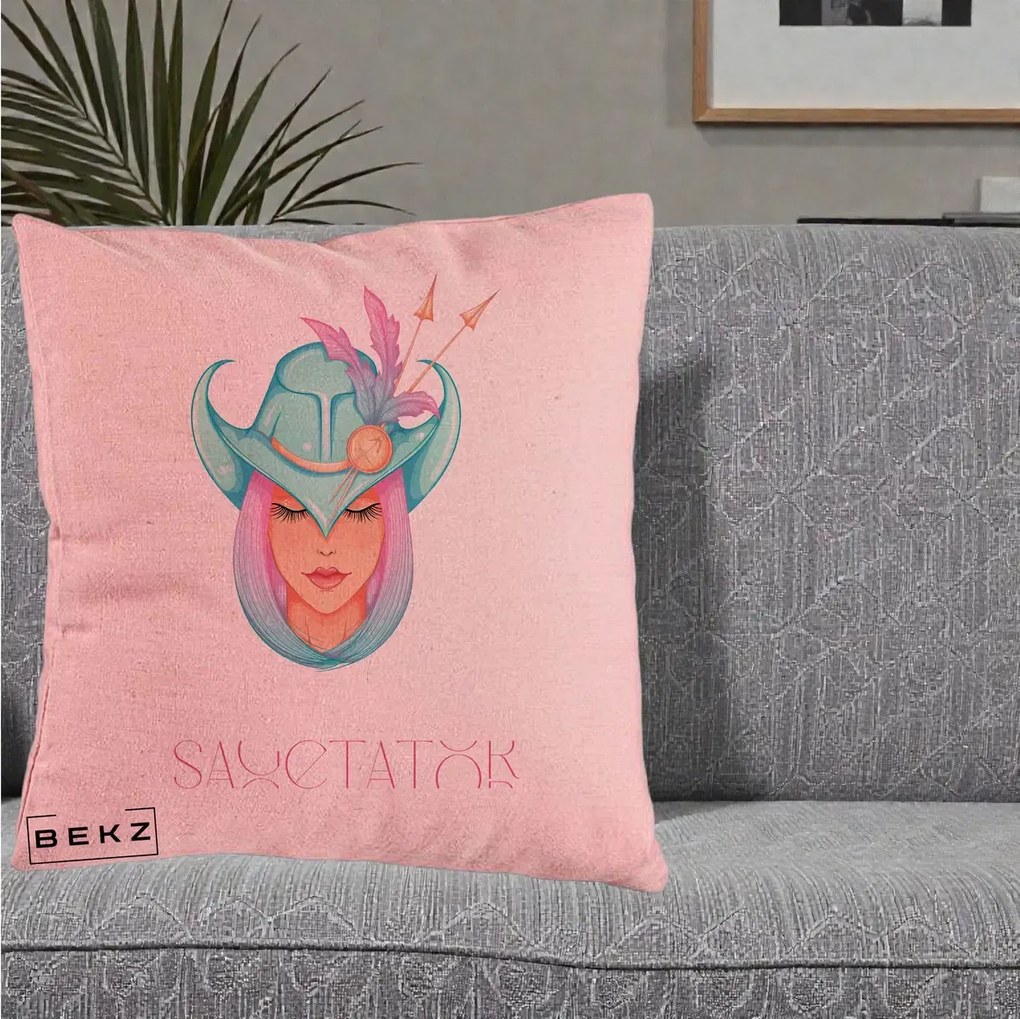 Perna Personalizata Zodiac Sagetator Cowgirl, 40x40 cm, Roz, Husa Detasabila, Perna Inclusa, BEKZ®