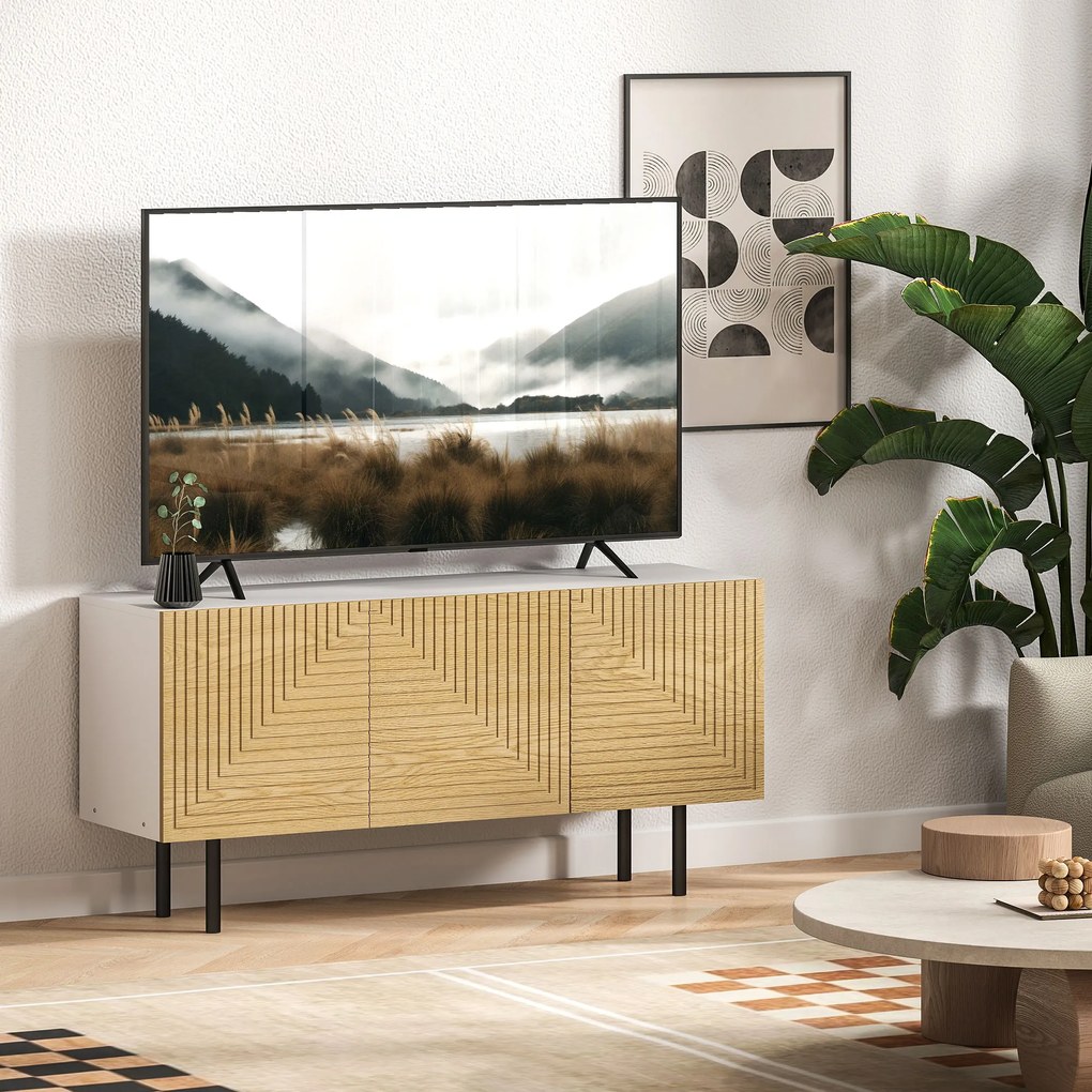 HOMCOM Mobila TV pentru de până la 65 de inch cu dulapuri cu ușă canelată și trecere cabluri pentru sufragerie, dormitor, efect lemn natural | Aosom Romania
