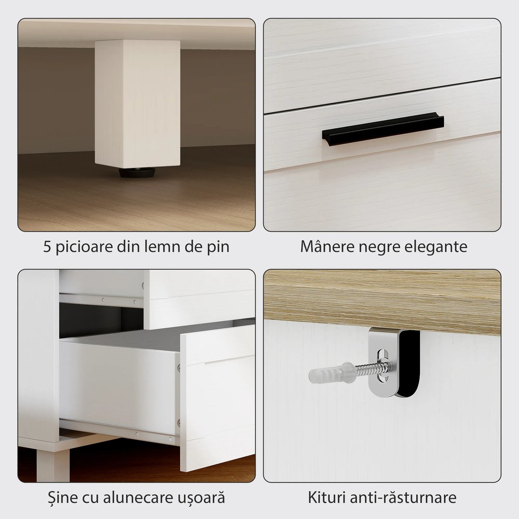 HOMCOM Comodă cu 6 Sertare Modernă din PAL, Lemn de Pin și MDF, 120x38x71 cm, Alb și Culoare Lemn | Aosom Romania