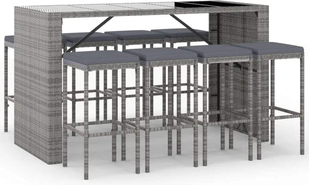 vidaXL Set mobilier bar de grădină, cu perne, 9 piese, gri, poliratan