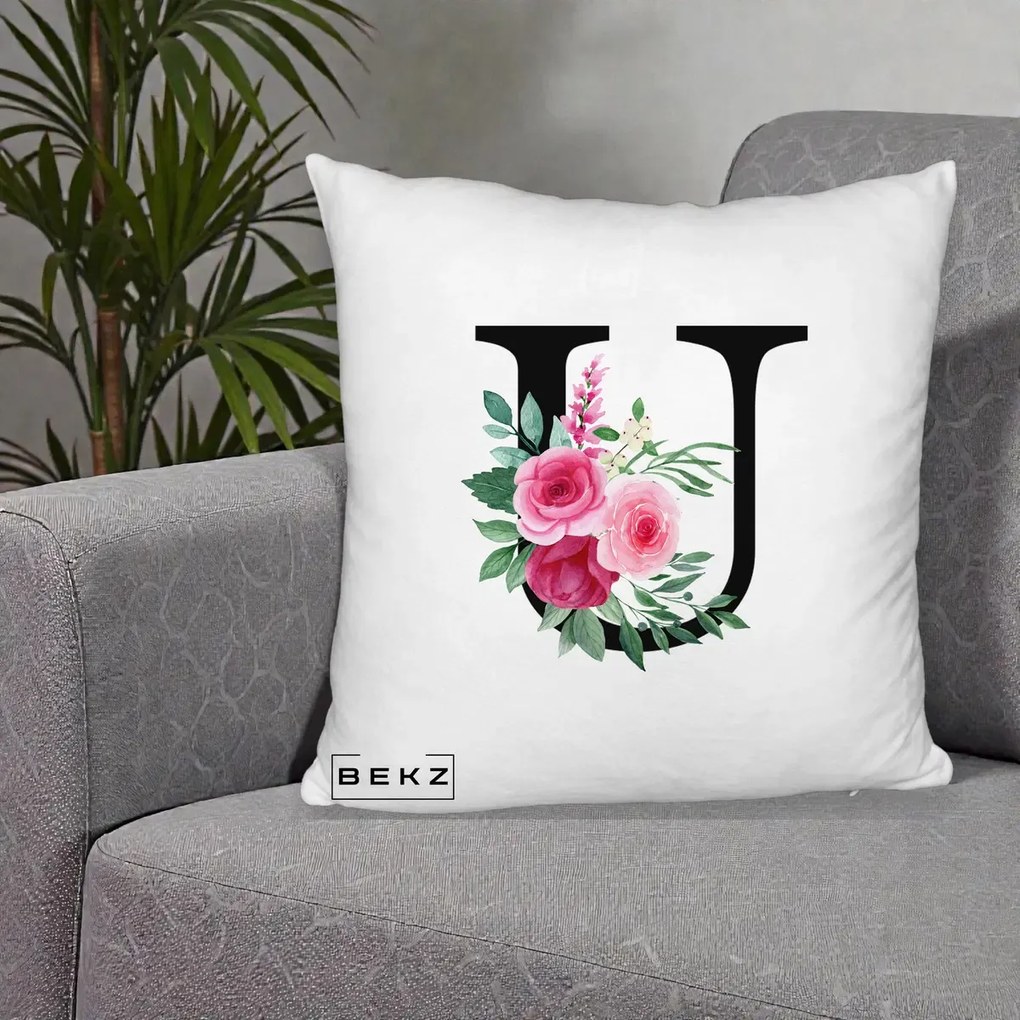 Cadou Personalizat - Perna Personalizata Monograma Florala Litera U, 40x40 cm, Alb Pufos, Husa Detasabila, Perna Inclusa, BEKZ®