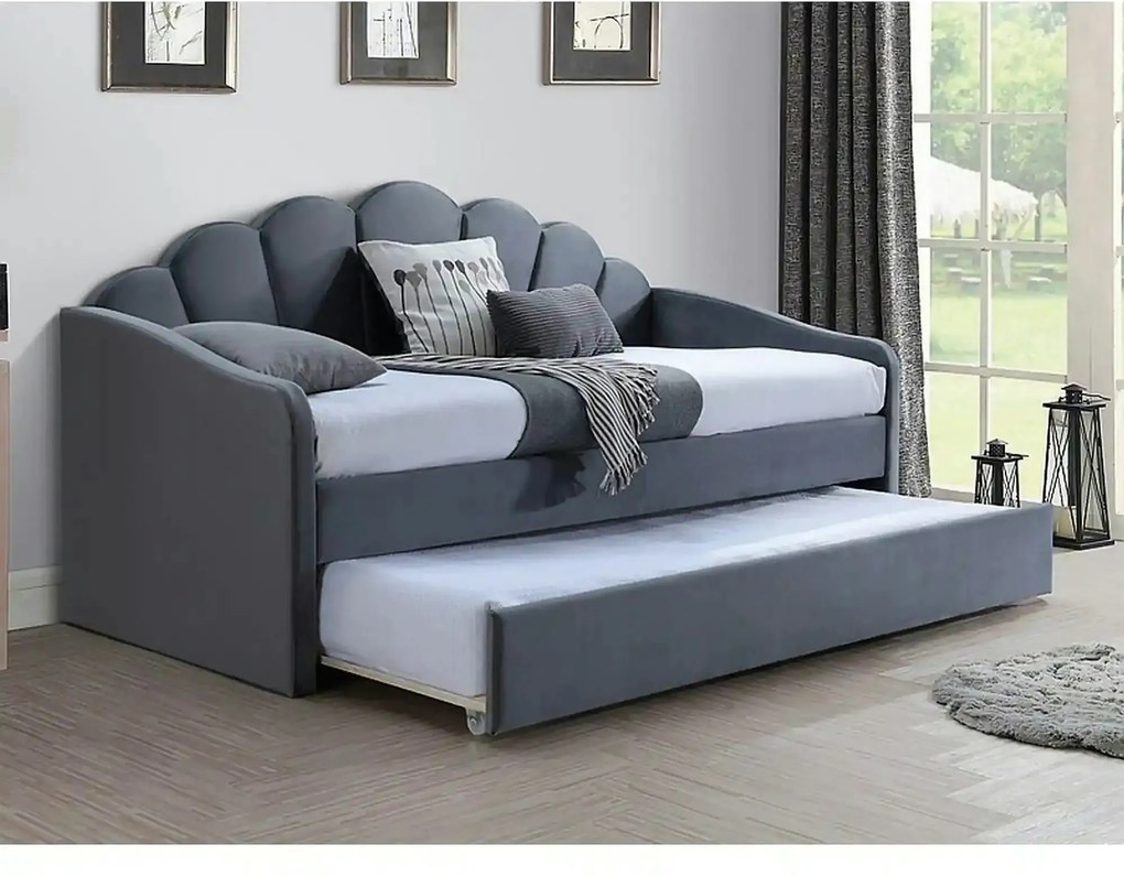 Pat BELLA 90x200, stofa catifelata gri - Bluvel 14, cu somiera si supr