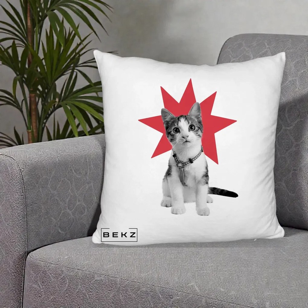 Perna Decorativa Pisica Star Pop Art, 40x40 cm, Alb Pufos, Husa Detasabila, Perna Inclusa, BEKZ®