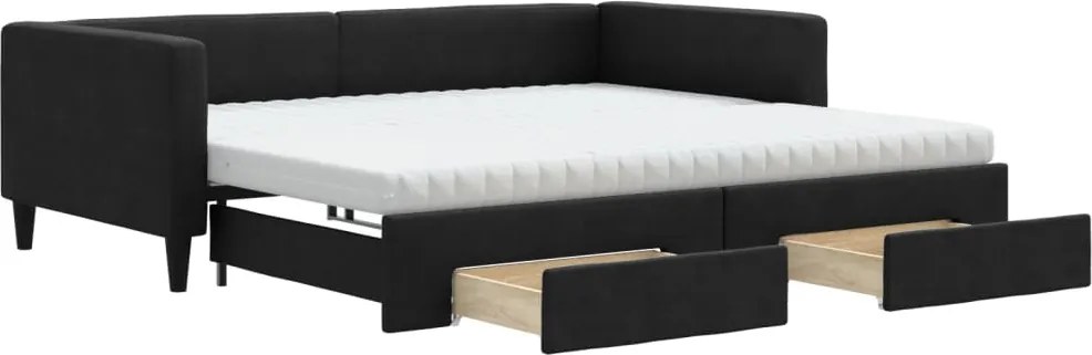 vidaXL Pat de zi cu extensie și sertare, negru, 100x200 cm, textil