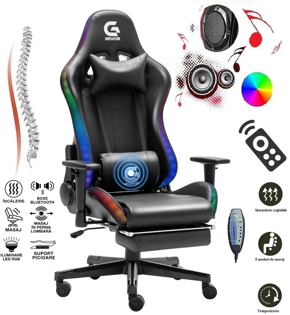Scaun gaming, Masaj si Incalzire, Sistem iluminare banda LED RGB, Boxe Bluetooth, funcție șezlong, 90-180 grade, suport picioare, sezut benzi elastice sustinere, PU, Negru