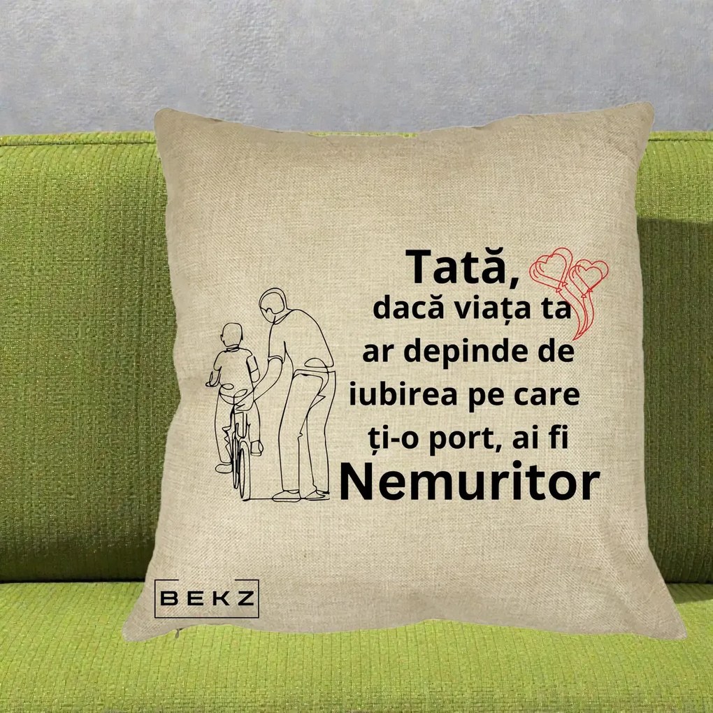 Cadou pentru Tata - Perna Personalizata Tata Nemuritor Bicicleta, 40x40 cm, Crem, Husa Detasabila, Perna Inclusa, BEKZ®