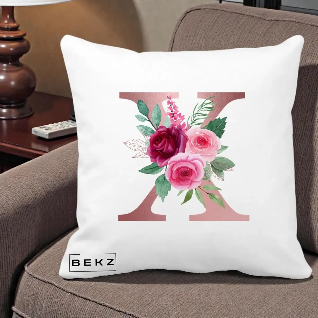 Cadou Personalizat - Perna Personalizata Monograma Rose Gold Litera X, 40x40 cm, Alba Mata, Husa Detasabila, Perna Inclusa, BEKZ®