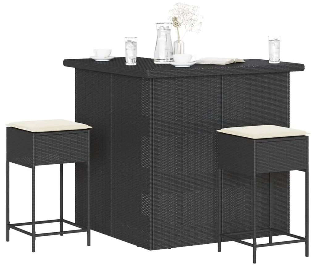 3261502 vidaXL Set mobilier bar de grădină cu perne, 3 piese, negru, poliratan