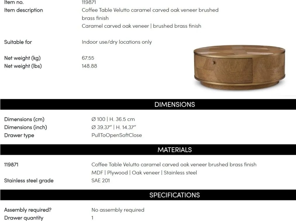 Masuta de cafea LUX, Furnir de stejar, Velutto