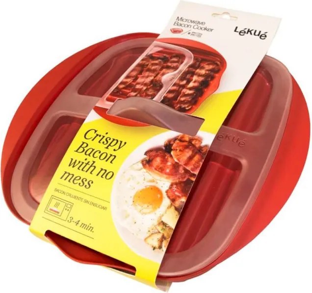 Vas de gatit bacon la cuptorul cu microunde Lekue 1009034, Pana la 6 slice, 25x28x6 cm, -2/+150 °C,Rosu