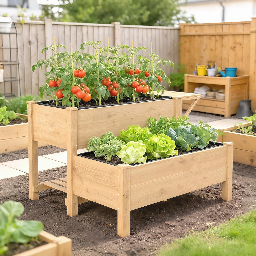Outsunny Jardinieră Înălțată pe 2 Niveluri cu Rafturi Laterale și Inferior, Fabricată din Lemn de Brad cu Căptușeală și Orificii de Drenare, pentru Flori și Legume, 119,5x102x76,5cm, Maro Deschis | Aosom Romania