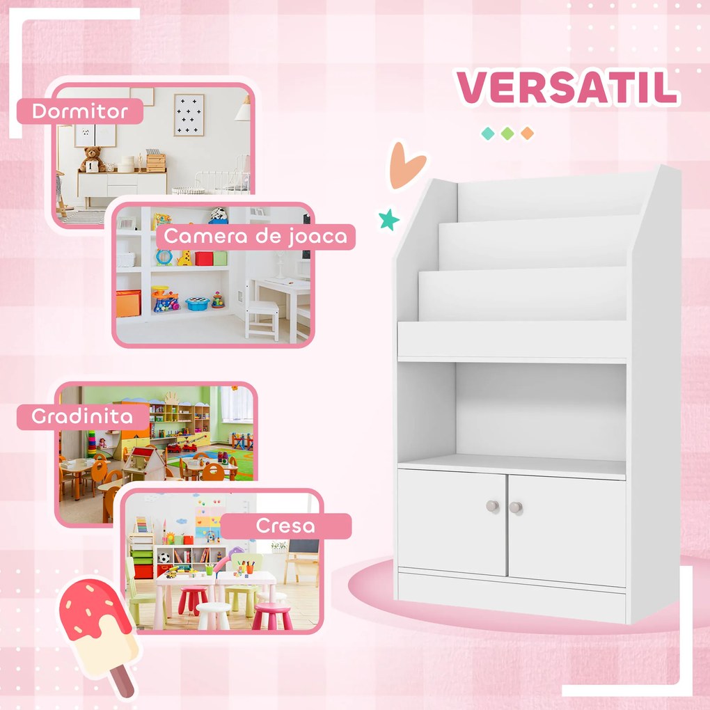 Bibliotecă pentru copii din lemn pentru jucării, dulap cu 2 uși pentru copii design modern 60x29,5x100cm alb ZONEKIZ | Aosom Romania