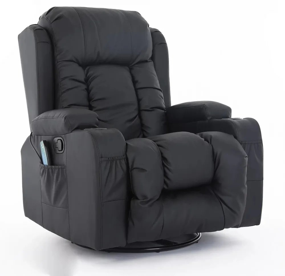 RESIGILAT-Fotoliu Masaj, Incalzire, rabatabil, pivotant, suport picioare extensibil, piele ecologica Premium, Negru