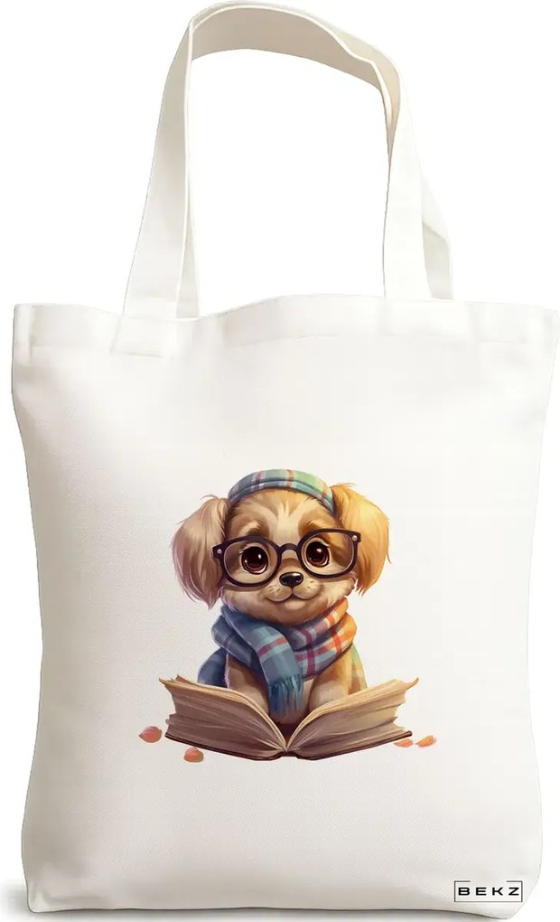 Sacosa de Panza pentru Cumparaturi, Geanta Tote, model Reading puppy 22 38 x 34.5 cm, Alba, BEKZ®