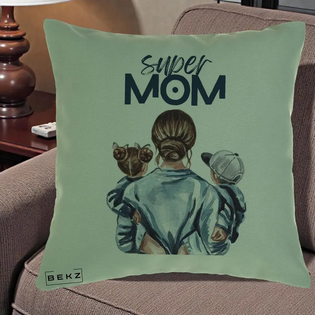 Cadou pentru Mama - Perna Personalizata Super Mom, 40x40 cm, Verde, Husa Detasabila, Perna Inclusa, BEKZ®
