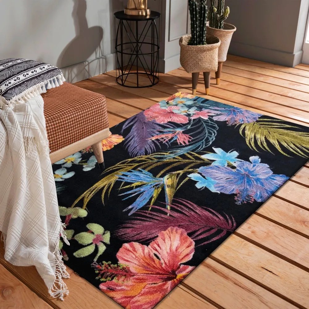 Covor negru luxos cu motiv de flori exotice Lăţime: 120 cm | Lungime: 170 cm