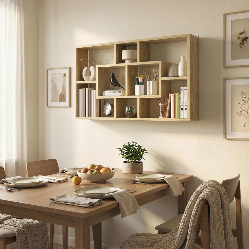 HOMCOM Raft de Perete cu 8 Compartimente, 85 x 14,5 x 47,5 cm, Max. 20 kg, din Lemn, pentru Living, Stejar | Aosom Romania