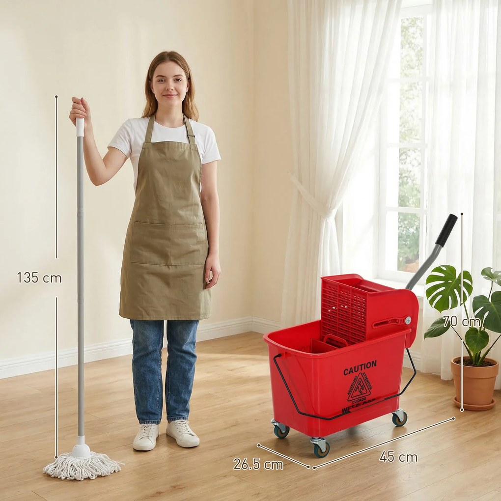 HOMCOM Găleată de mop cu stoarcător, panou separator și roți, capacitate 20 L pentru curățenie casnică 45x26,5x70 cm roșu | Aosom Romania
