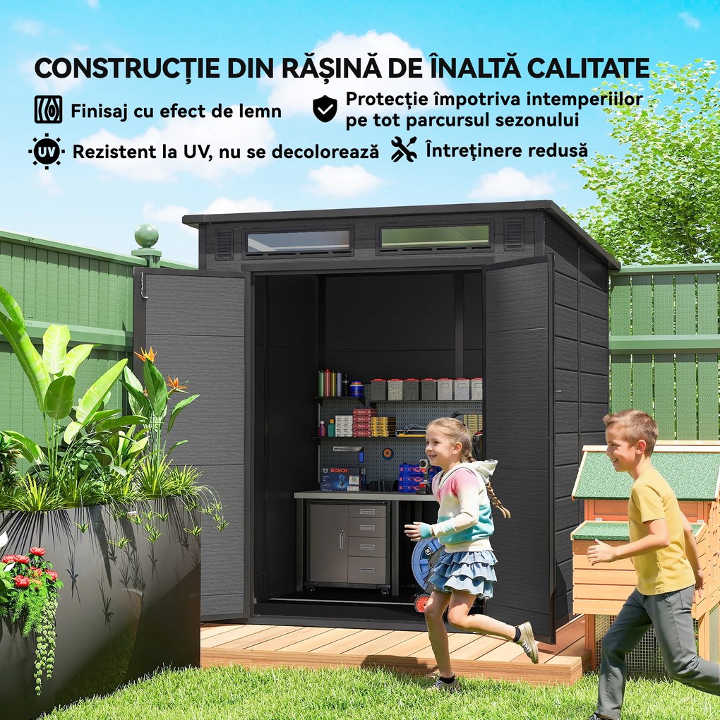 Outsunny Magazie de Grădină 2.89m² din PP și Aluminiu cu Podea, Depozit Grădină cu Uși Duble cu Încuietoare, Aerisiri, 3 Ferestre, Acoperiș Înclinat, Mănuși, Gri Închis | Aosom Romania