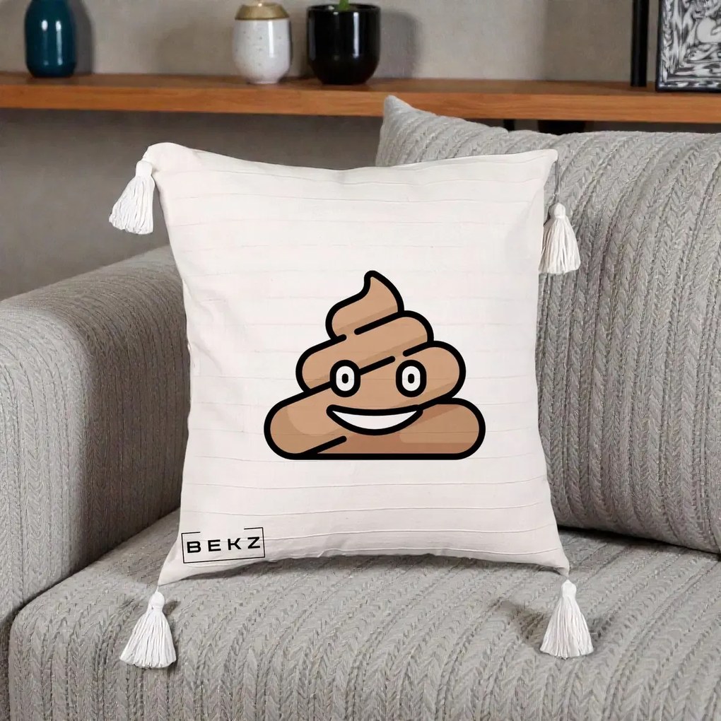 Perna Decorativa Emoji Poop Funny, 40x40 cm, Bej cu Franjuri, Husa Detasabila, Perna Inclusa, BEKZ®