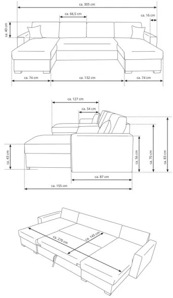Colțar extensibil în formă de U JANISE, cu spațiu de depozitare, gri