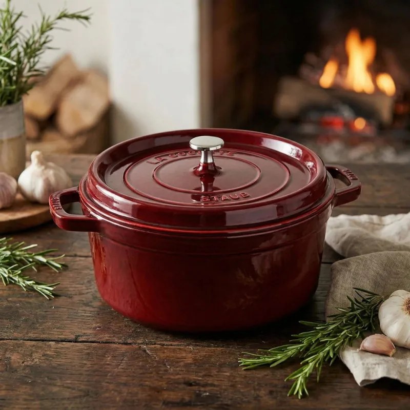 Oala din fonta Staub La Cocotte 40502-278-0, 6,7 l, 28 cm, de la -20°C pana la 260 °C, Emailata, Capac cu structura anti-picaturi, Toate plitele inclusiv inductie, Bordeaux