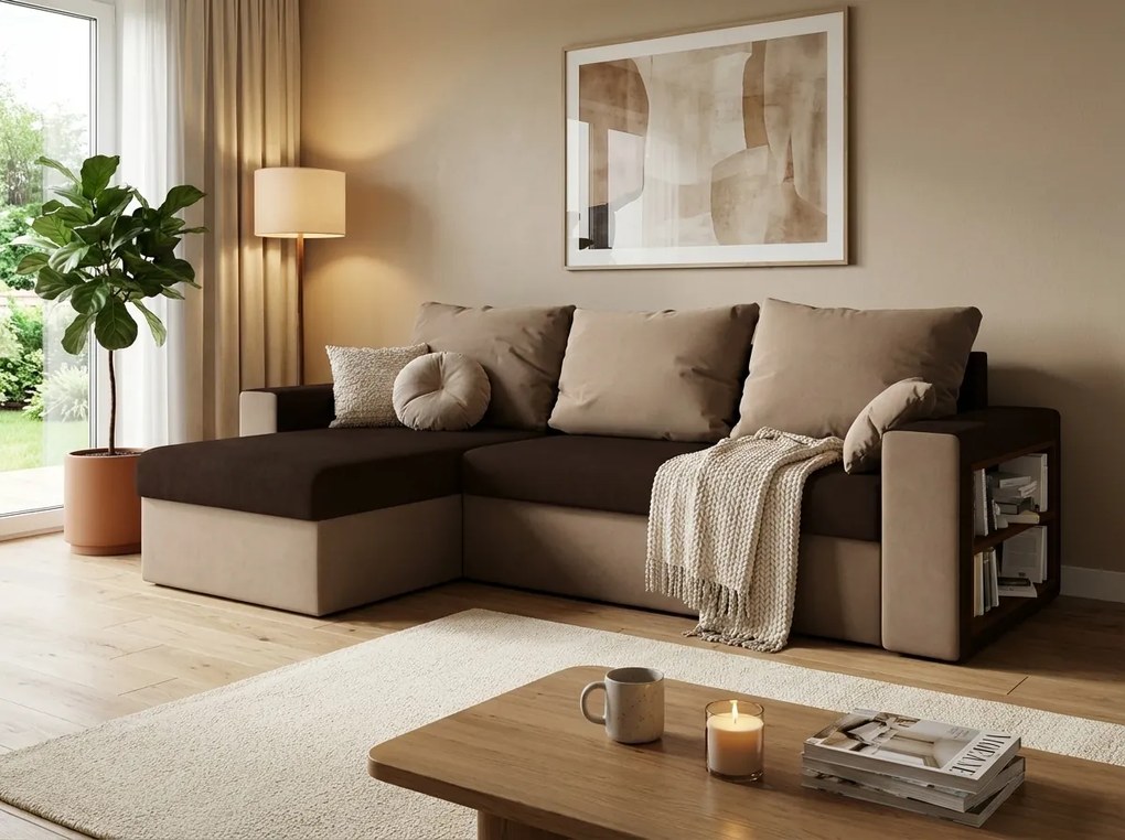 Set canapea extensibila, reversibila in forma de L NORIX 240x140 cm, maro inchis/maro deschis cu raft + 2 perne GRATUIT