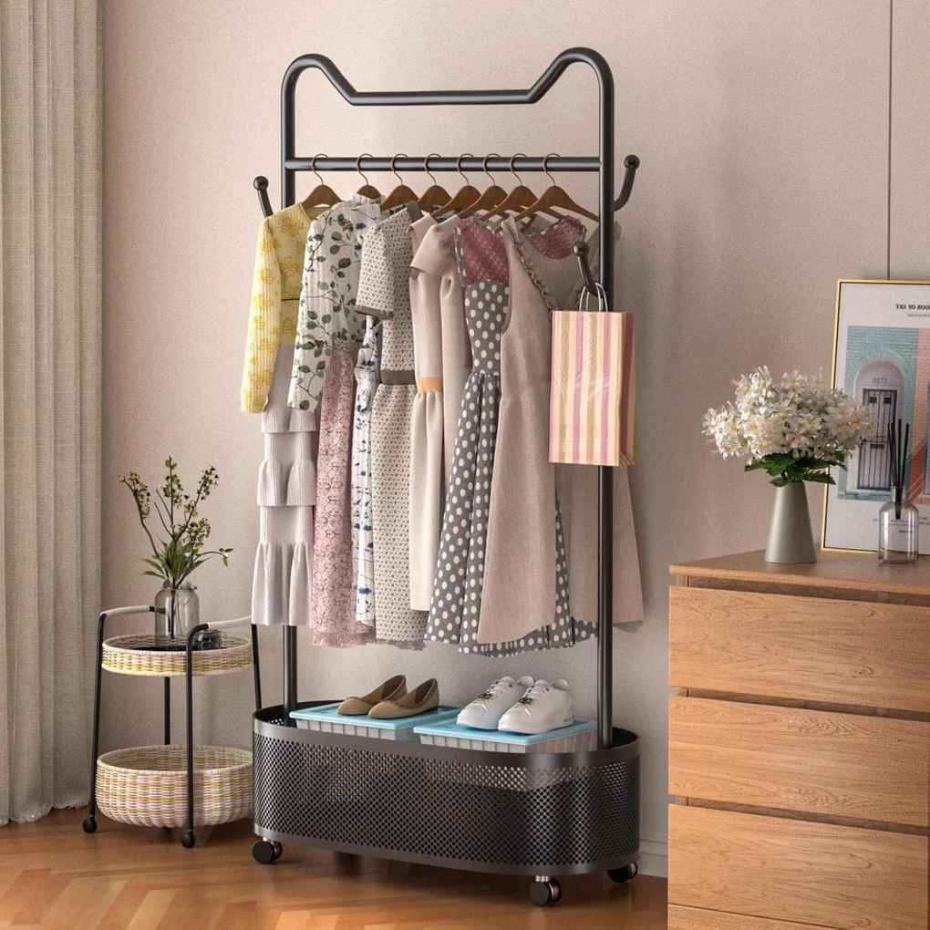 SUAU8 - Suport Haine cu spatiu depozitare, 180 cm inaltime, pentru haine, dressing, dormitor - Auriu / Alb
