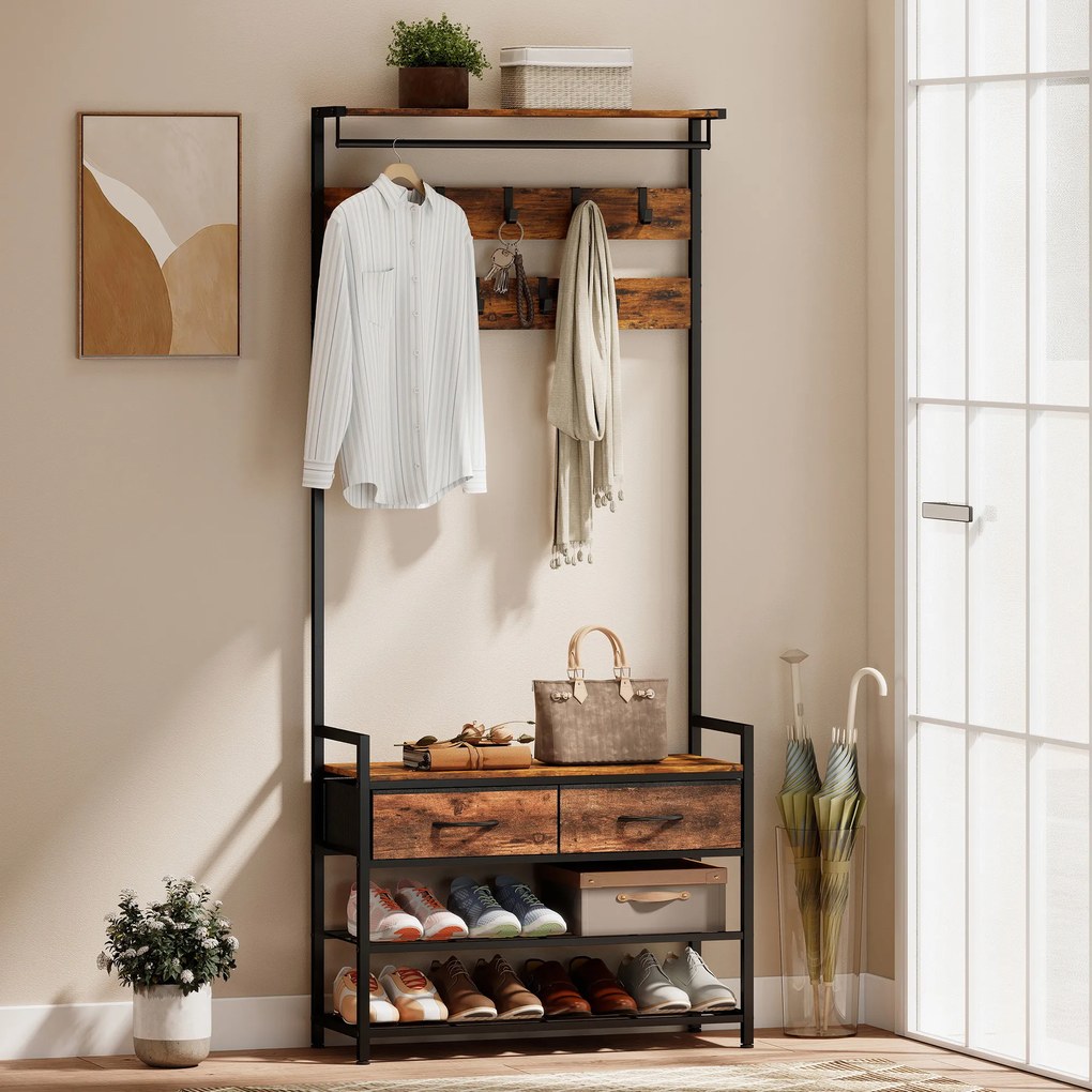 HOMCOM Cuier cu cârlige pentru haine, bancă pentru încălțăminte, organizator industrial pentru hol, cadru din oțel, Maro rustic | Aosom Romania