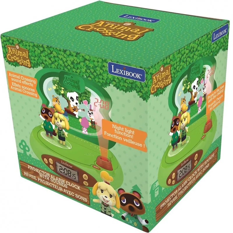 Ceas copii 3D cu proectie Lexibook Nintendo Animal Crossing RP500AC, Alarma, 4 efecte, Verde/Maro