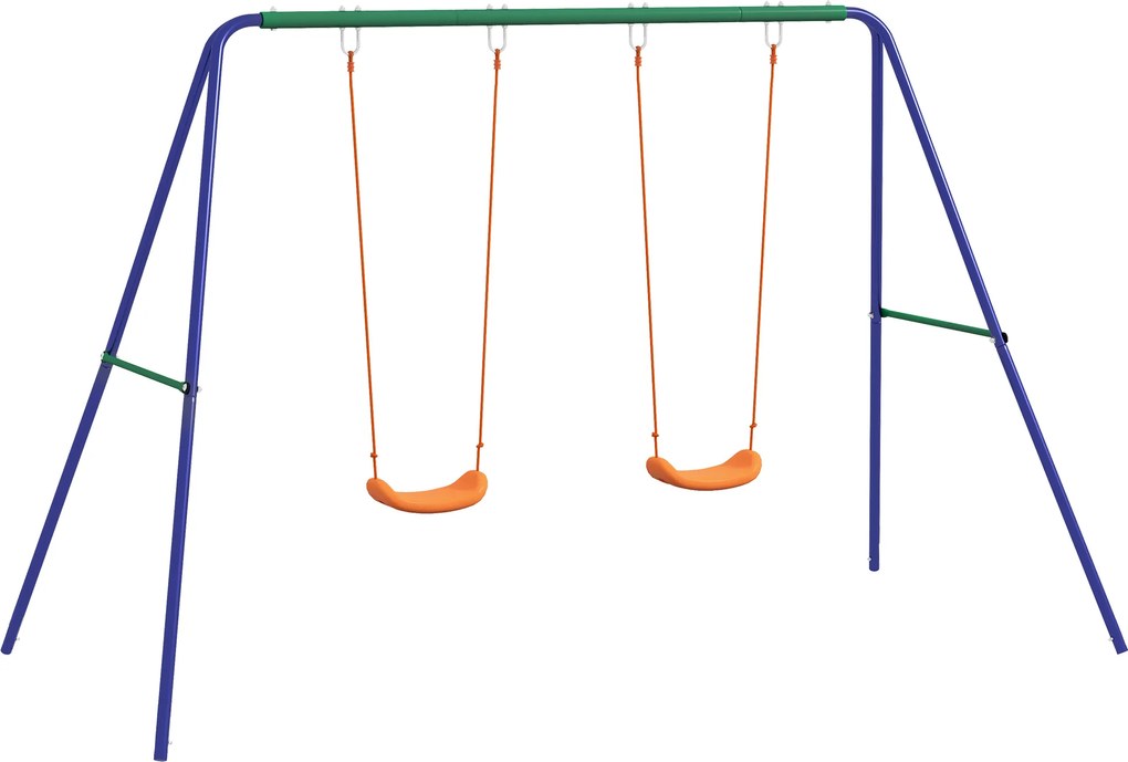 Outsunny Set de leagan pentru copii, Cadru metalic de leagan pentru exterior cu scaune duble de leagan, tarusi de sol