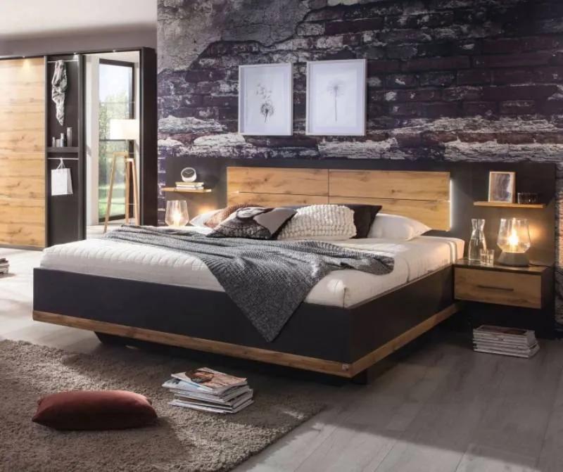 Cadru pat cu noptiere incorporate gri metalic/stejar artisan BOSTON EXTRA