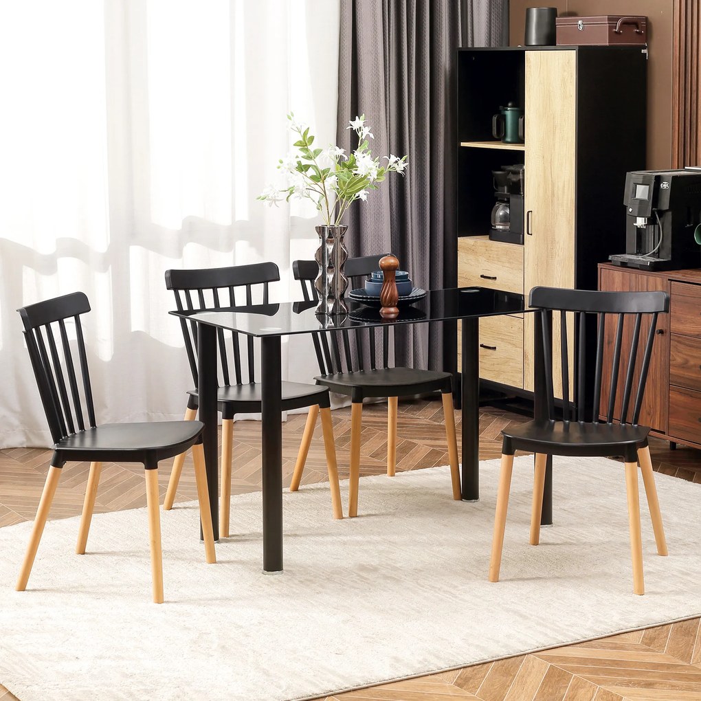 HOMCOM Set de 4 scaune stil scandinav cu spătar înalt, șezut din polipropilenă, picioare din lemn de fag 48 x 52,5 x 83 cm negru | Aosom Romania