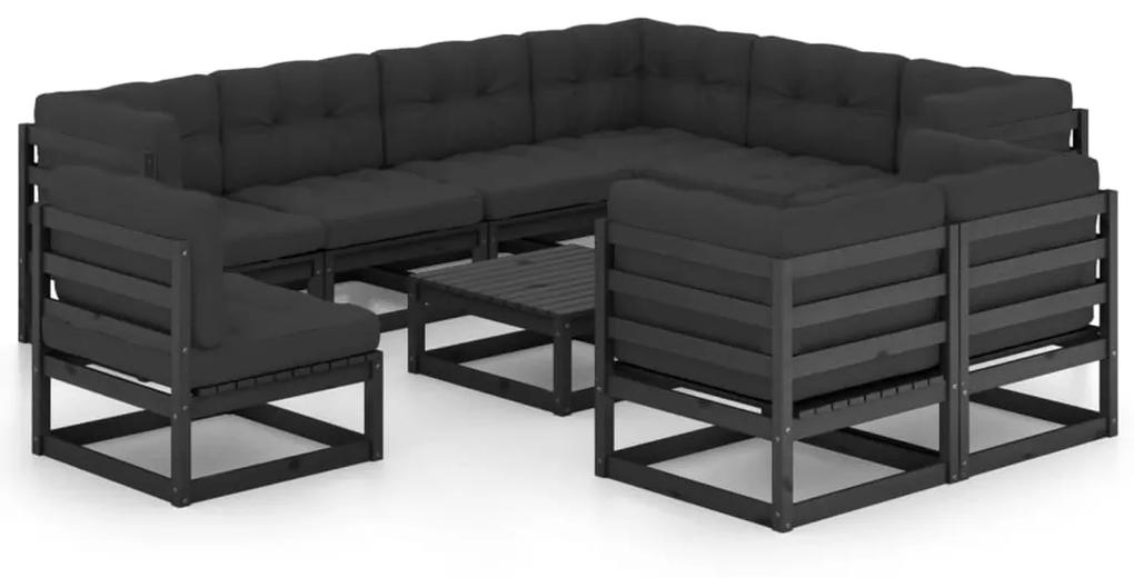 3076863 vidaXL Set mobilier grădină cu perne, 10 piese, negru, lemn masiv pin
