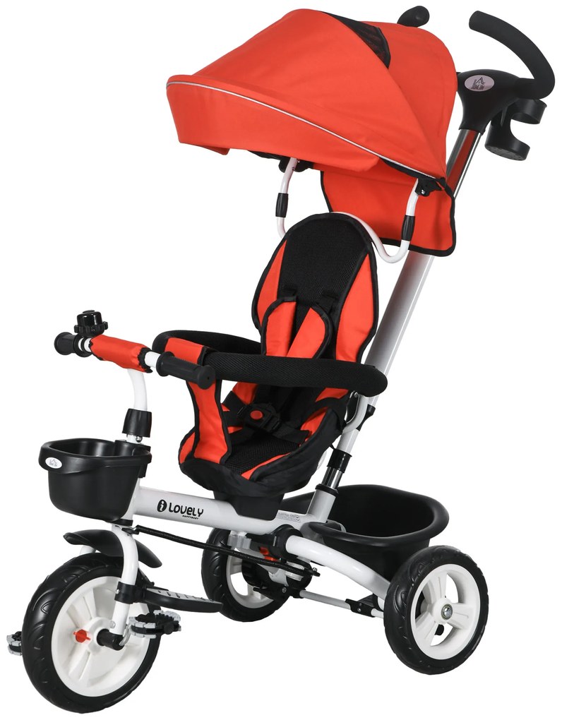 HOMCOM Tricicletă pentru copii 6-in-1 cu Mâner de Împingere, Terasă, Centură, Coș, 18+ Luni, Roșu | Aosom Romania