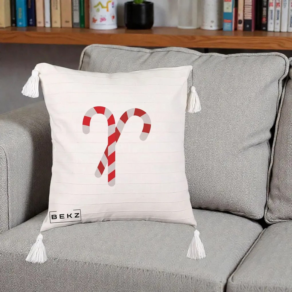 Perna Decorativa Candy Cane de Craciun, 40x40 cm, Bej cu Franjuri, Husa Detasabila, Perna Inclusa, BEKZ®