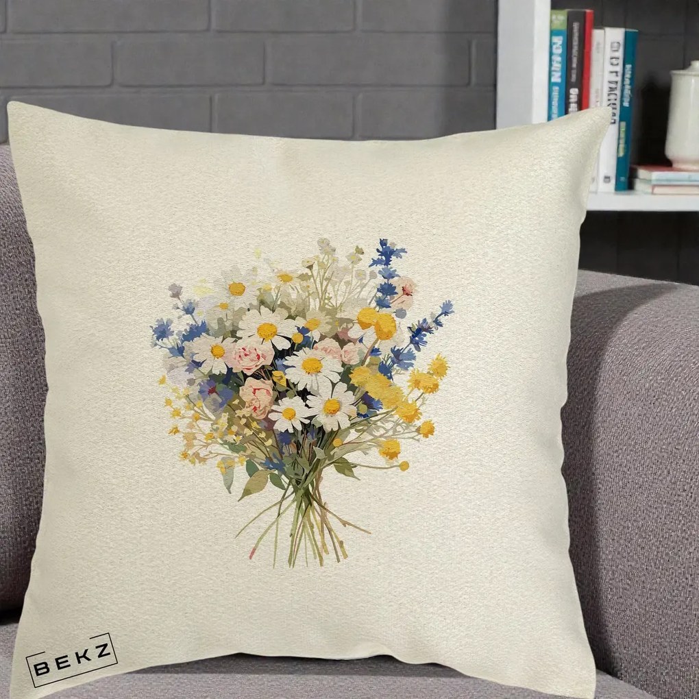 Perna Decorativa Buchet Camp Acuarela Margarete-Lavanda, 40x40 cm, Ecru, Husa Detasabila, Perna Inclusa, BEKZ®