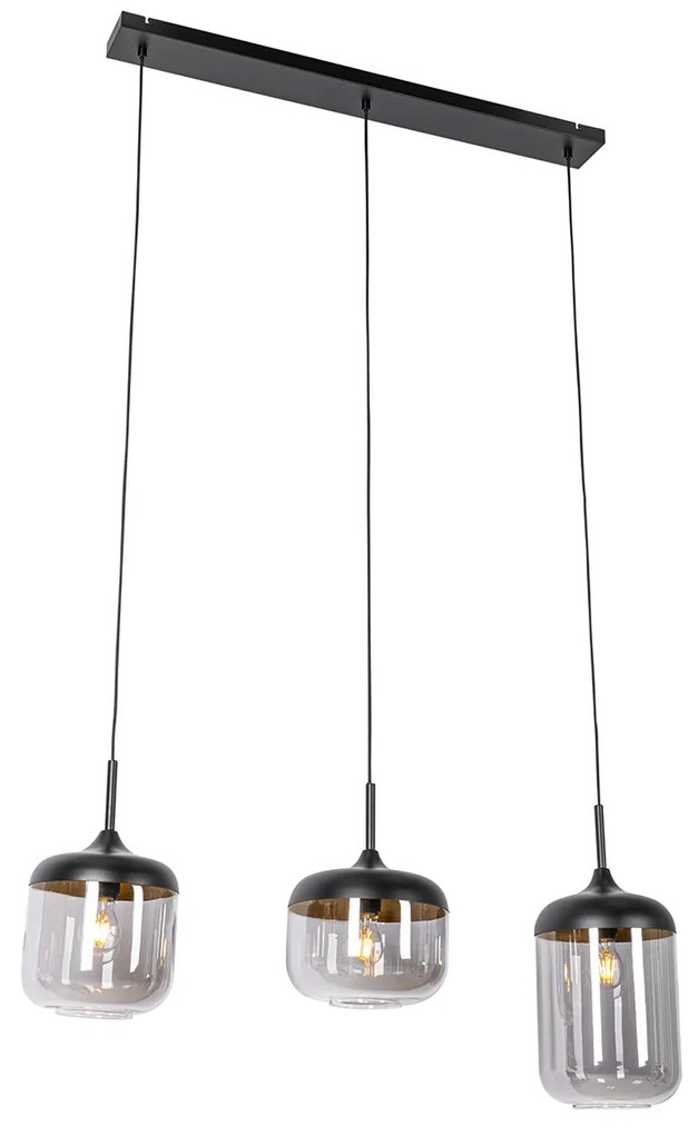 Lampă pendant de design neagră cu auriu și sticlă fumurie cu 3 lumini - Kyan
