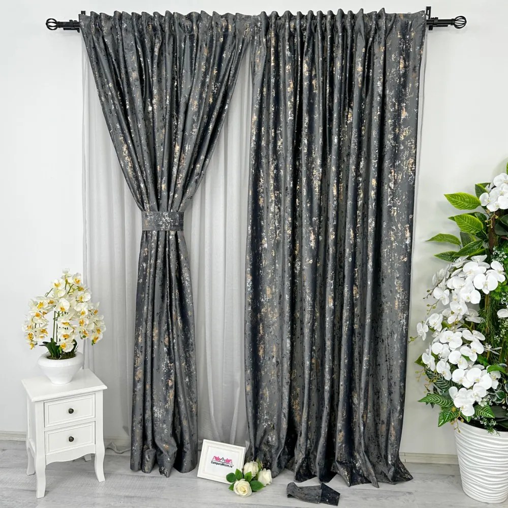 Draperie Catifea CRETA cu insertii aurii - LA COMANDA pe dimensiunile tale Gri inchis - V11