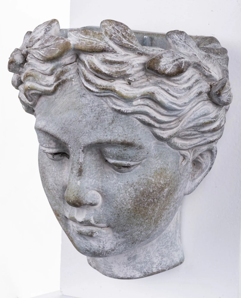 Ghiveci de piatra, pentru perete, forma cap femeie gri, 19x17x13 cm