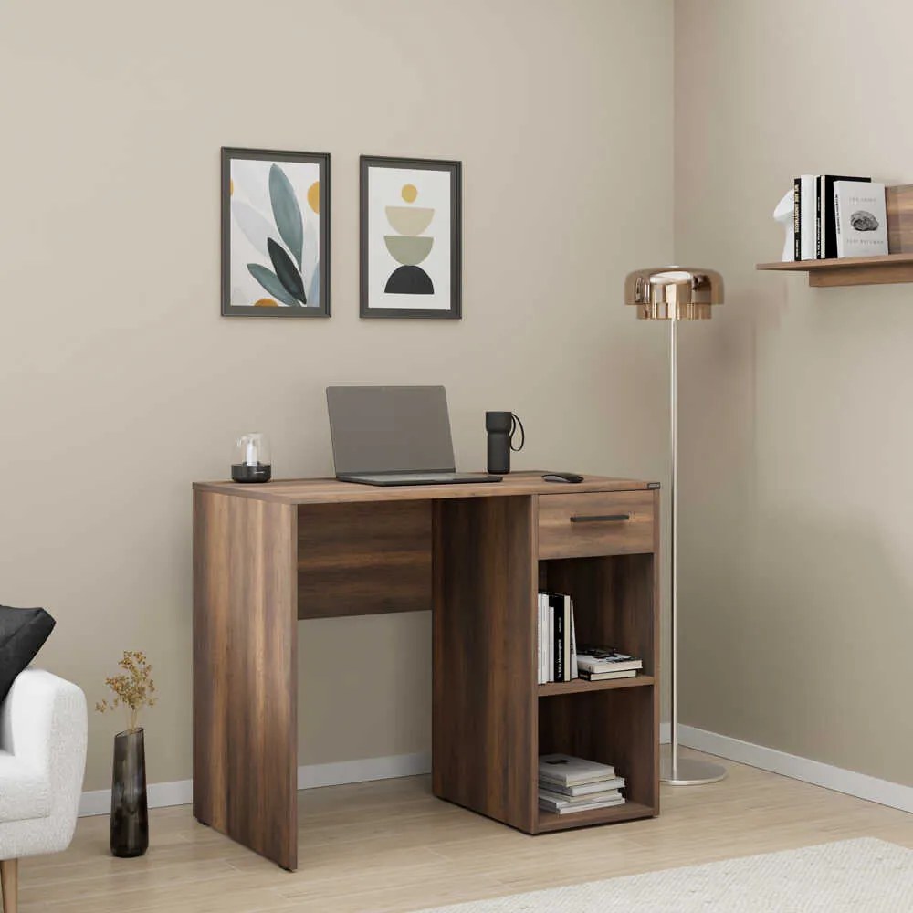 Birou Modern Adore Concept cu Sertar și 2 Rafturi, Alb - Maro - Stejar - Antracit, 90x52x75 cm