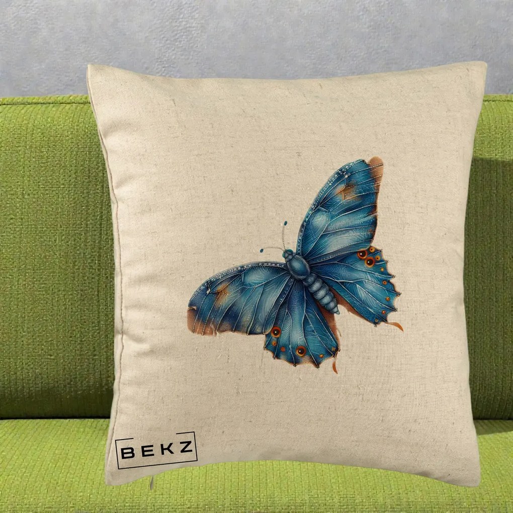 Perna Decorativa Fluture Albastru Satin cu Pete Aurii, 40x40 cm, Bej, Husa Detasabila, Perna Inclusa, BEKZ®