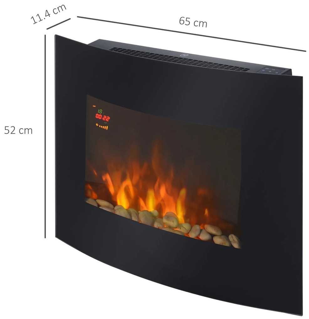 HOMCOM Șemineu Electric de Perete 900/1800W Încălzire cu Efect de Flacără 3D Reglabil, Șemineu Electric cu Lumină LED în 7 Culori, Telecomandă, Temporizator și Termostat, 30 m², Negru | Aosom Romania