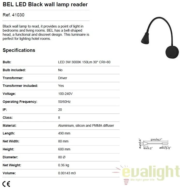 Aplica cu reader LED stil modern minimalist BEL neagra 41030